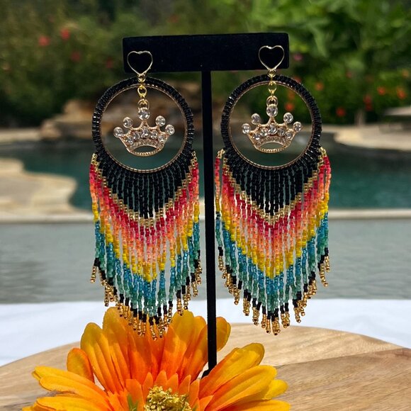 Handmade Beaded Queen Long Fringe Dangle Drop Lightweight Post Hoop Earrings - Picture 7 of 9